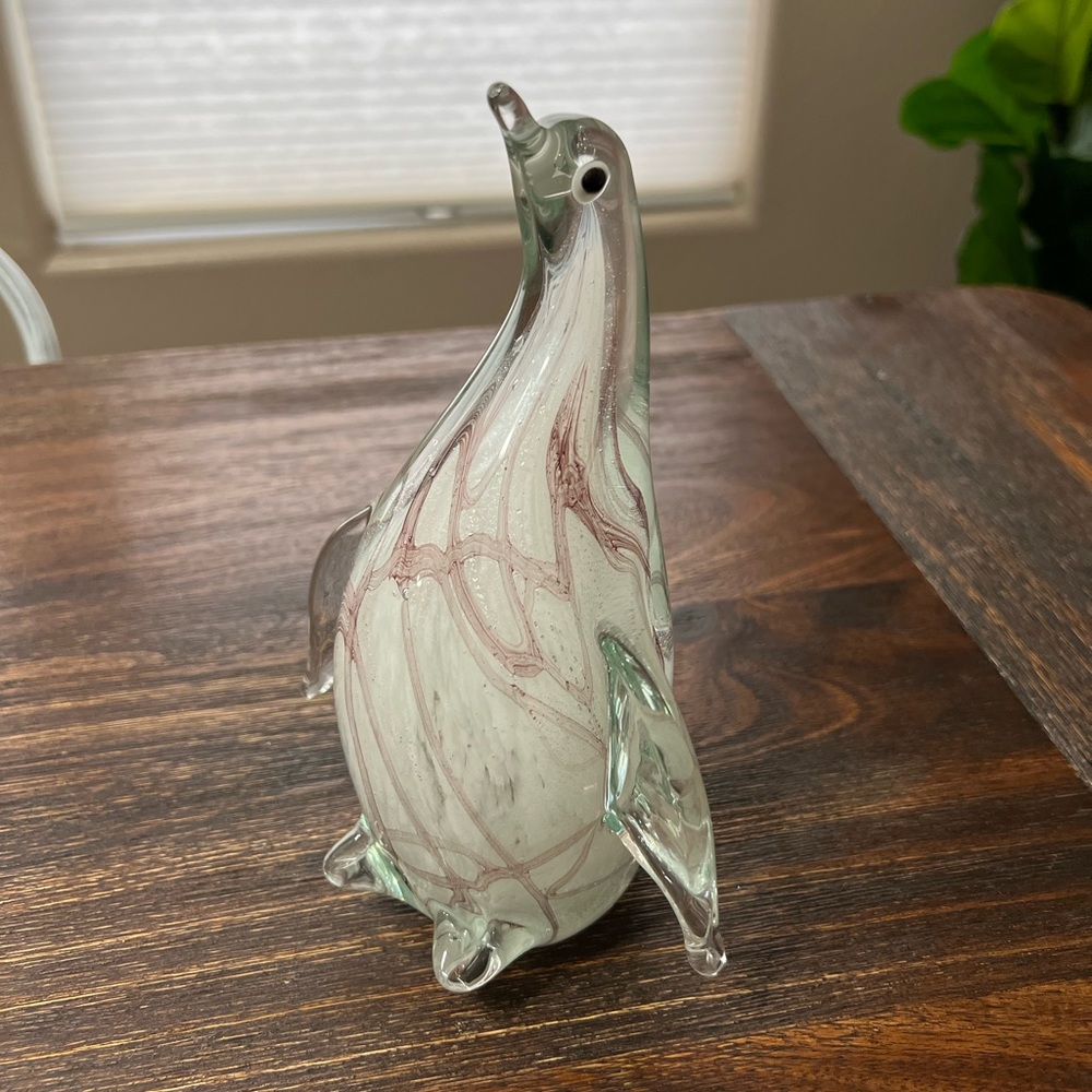 Penguin Clear Glass Figurine white Purple Wine GCA Glass Art label sticker